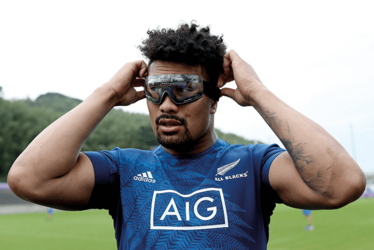 Ardie Savea, the New Zealand Rugby player wearing the World Rugby goggles